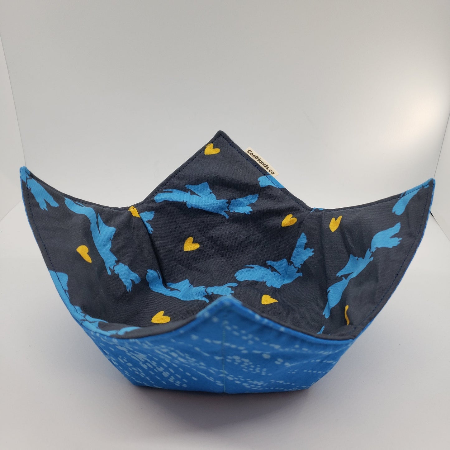 100% Cotton Microwavable Bowl Cozy - Blue Nose, Yellow Heart