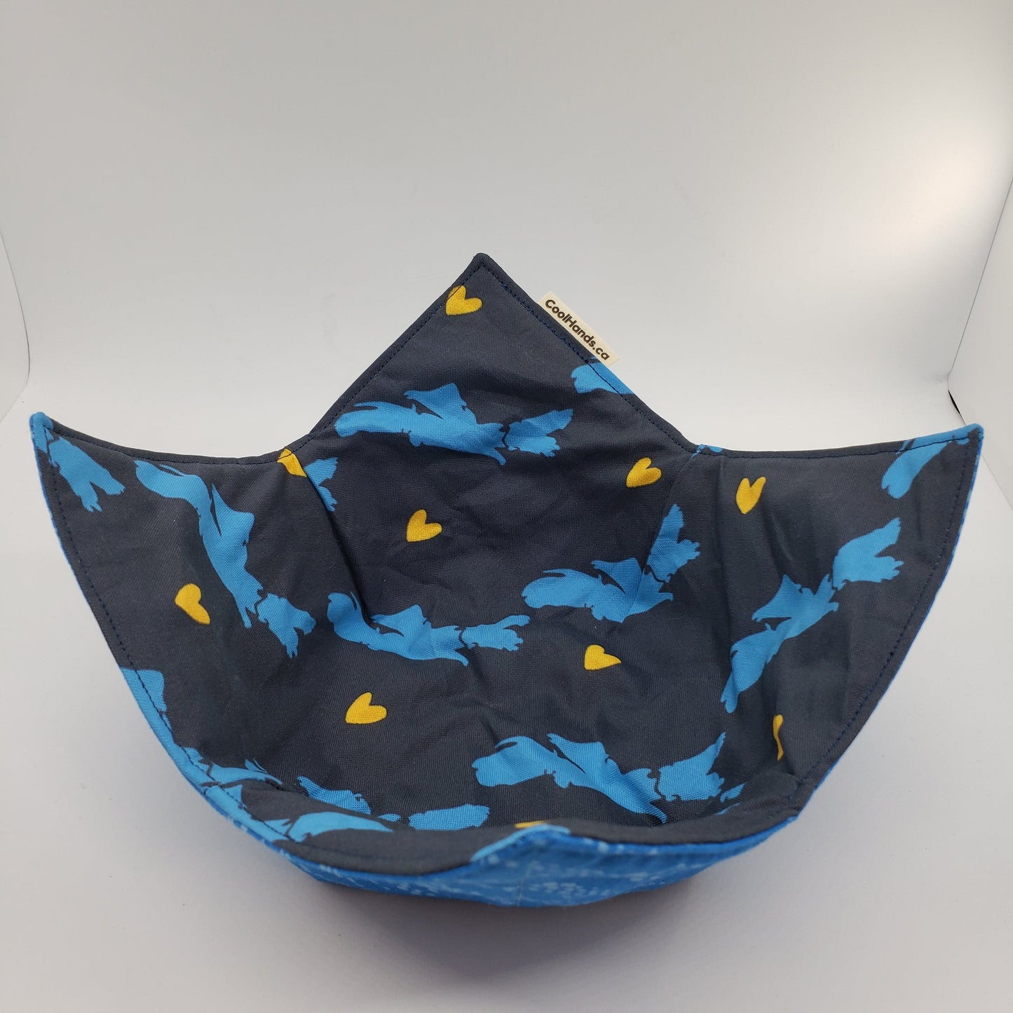 100% Cotton Microwavable Bowl Cozy - Blue Nose, Yellow Heart