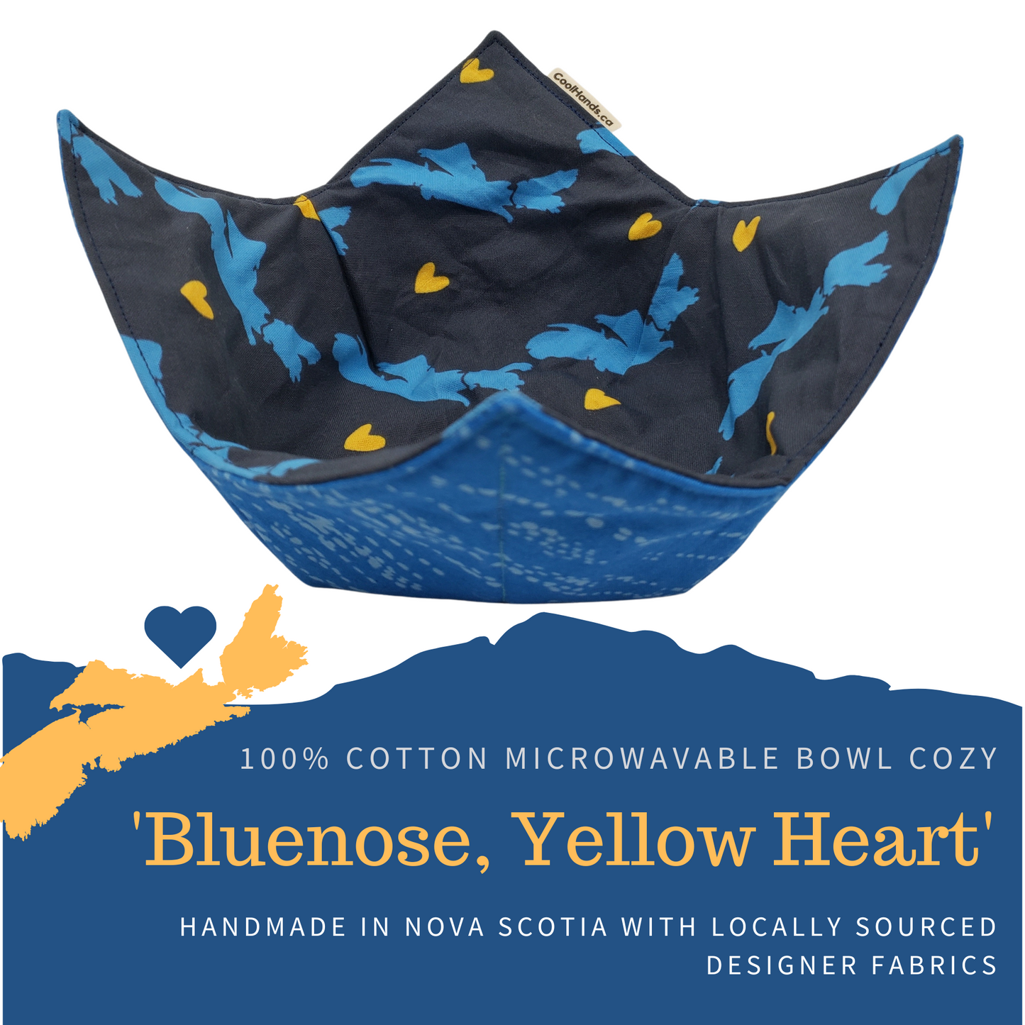 100% Cotton Microwavable Bowl Cozy - Blue Nose, Yellow Heart