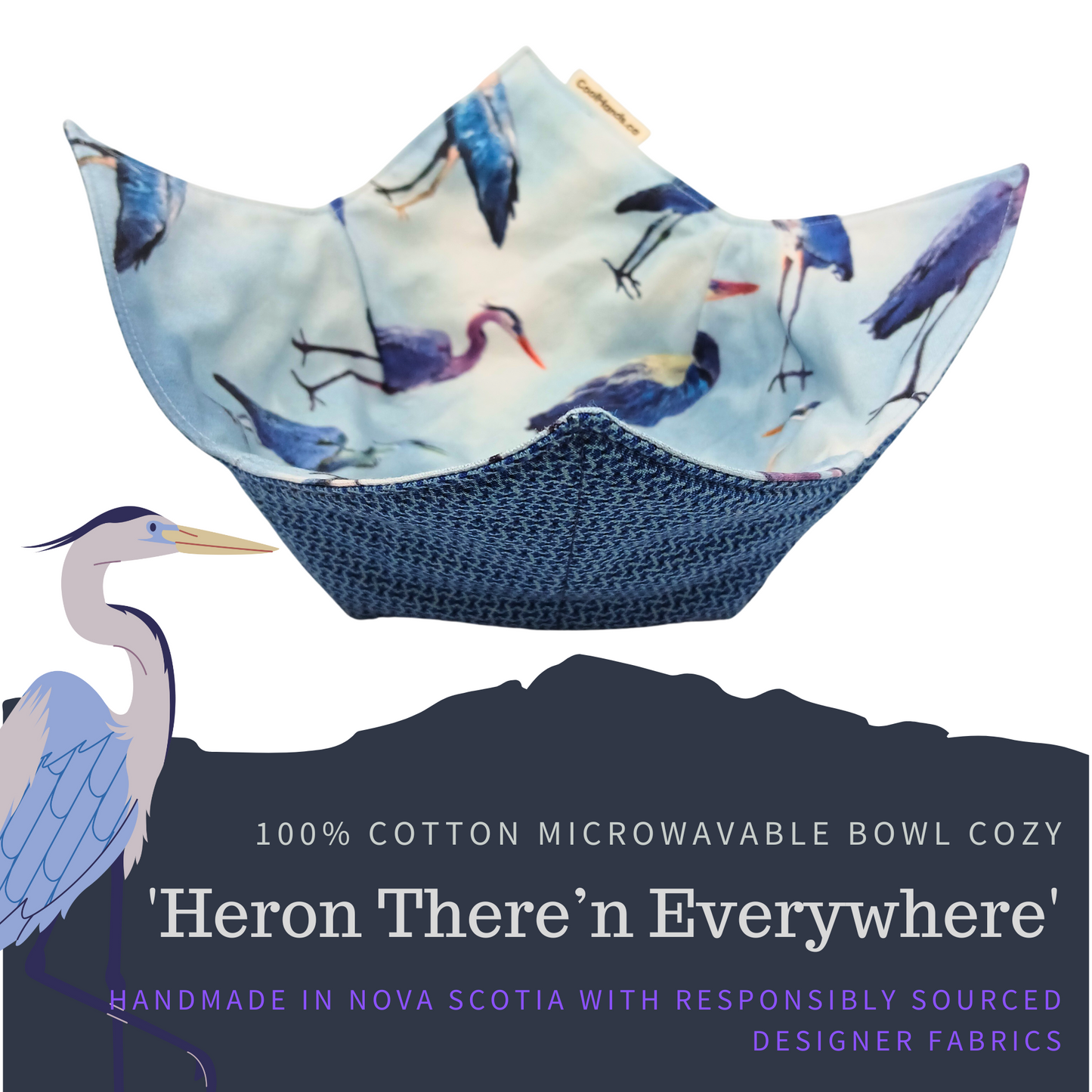 100% Cotton Microwavable Bowl Cozy - Heron There'n Everywhere