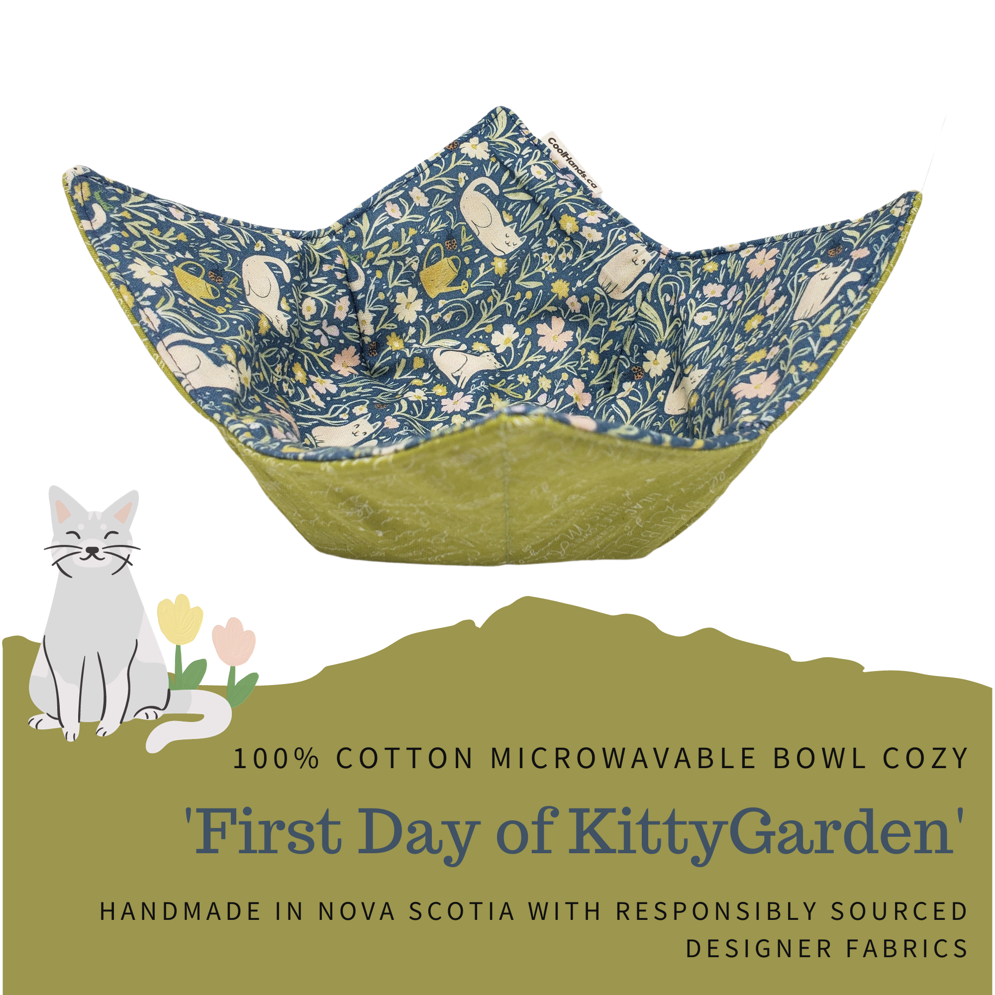100% Cotton Microwavable Bowl Cozy First Day of KittyGarden
