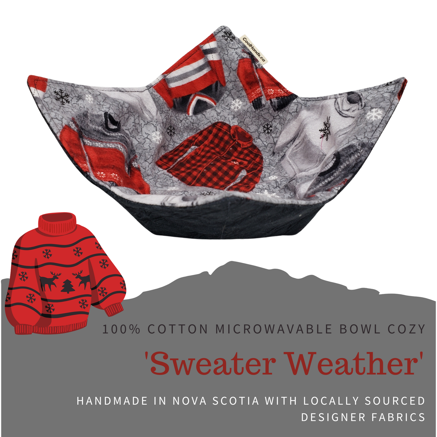 100% Cotton Microwavable Bowl Cozy - "Sweater Weather"