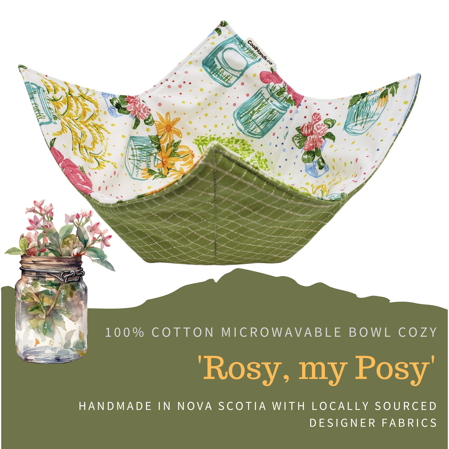 100% Cotton Microwavable Bowl Cozy - 'Rosy, my Posy'